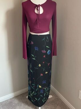 90s Y2K Harold's Black Vintage Silk Maxi Skirt, Multicolor Flowers Whimsigoth